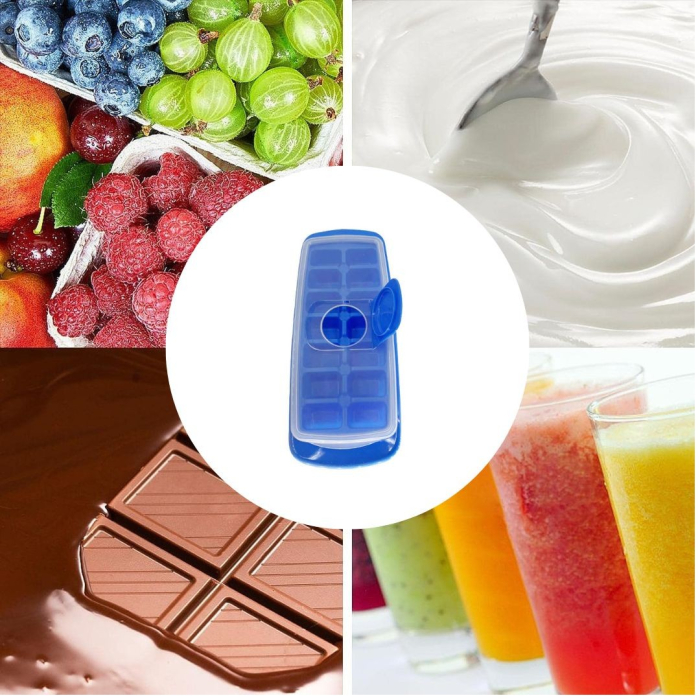 Forma pentru cuburi de gheata , 14 cuburi, reutilizabil, plastic alimentar, cu capac, orificiu umplere, dreptunghiulara, 29.5 x 12.5 x4 cm, albastru [2]