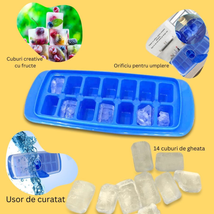 Forma pentru cuburi de gheata , 14 cuburi, reutilizabil, plastic alimentar, cu capac, orificiu umplere, dreptunghiulara, 29.5 x 12.5 x4 cm, albastru [4]