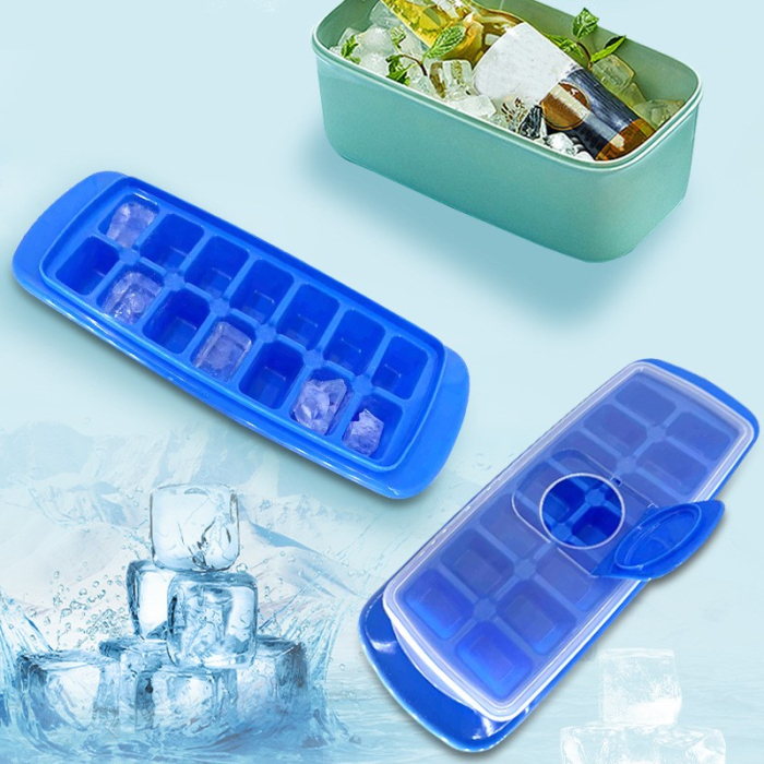 Forma pentru cuburi de gheata , 14 cuburi, reutilizabil, plastic alimentar, cu capac, orificiu umplere, dreptunghiulara, 29.5 x 12.5 x4 cm, albastru [8]