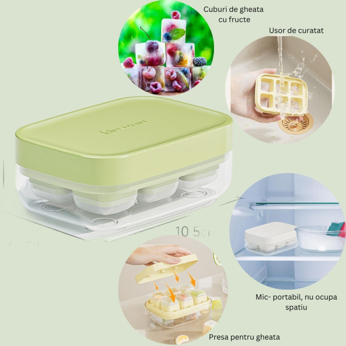 Forma pentru gheata cu presa , din silicon alimentar, 6 cuburi, caserola pentru depozitare, usor de folosit si curatat, 10.5 x 7.5 x 4.1 cm, verde [3]