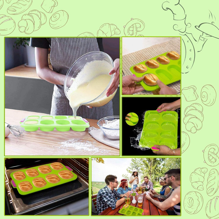 Forme de Silicon pentru Copt, , 8 Forme Ovale, pentru Paine si Prajituri, 34.5 x 23.8 x 2.5 cm, Verde/Roz [5]