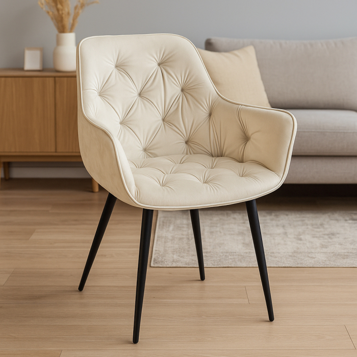 Fotoliu catifea tapitat, cu spatar inalt si design cu cusaturi, 55x60x89 cm, bej [3]