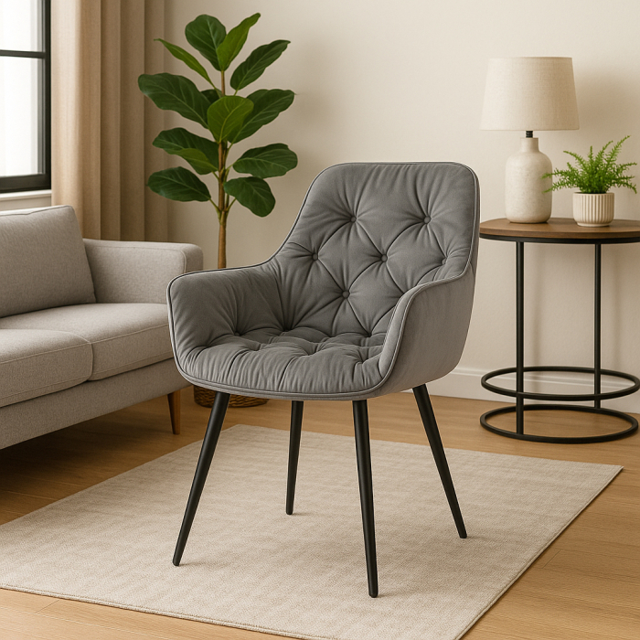 Fotoliu catifea tapitat, cu spatar inalt si design cu cusaturi, 55x60x89 cm, gri [3]