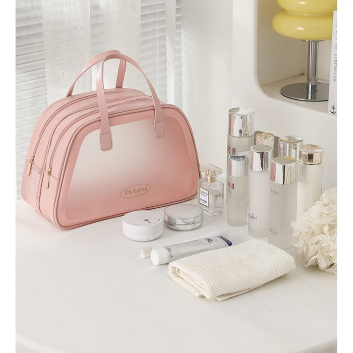 Geanta Cosmetice de Voiaj, , Dubla Compartimentare, Impermeabila, Translucida Mata, 35 x 22 x 15 cm, Roz [3]