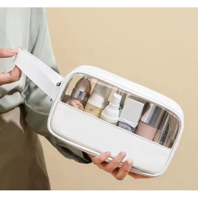 Geanta cosmetice , pentru voiaj sau organizare, material PVC/textil, impermeabila, portabila, 22 x 12 x 8 cm, alb [4]