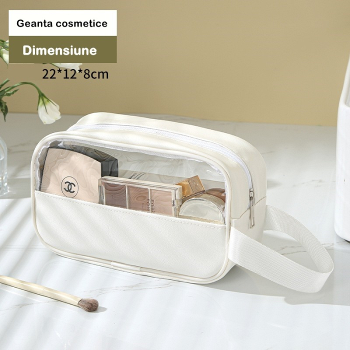 Geanta cosmetice , pentru voiaj sau organizare, material PVC/textil, impermeabila, portabila, 22 x 12 x 8 cm, alb [7]