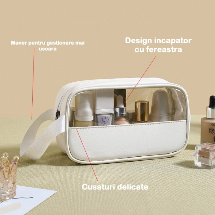 Geanta cosmetice , pentru voiaj sau organizare, material PVC/textil, impermeabila, portabila, 22 x 12 x 8 cm, alb [6]