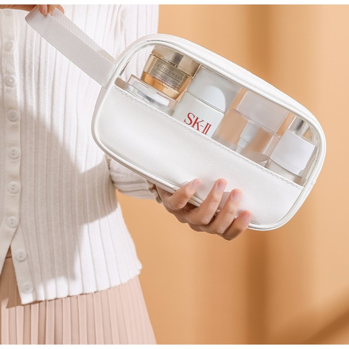 Geanta cosmetice , pentru voiaj sau organizare, material PVC/textil, impermeabila, portabila, 22 x 12 x 8 cm, alb [5]