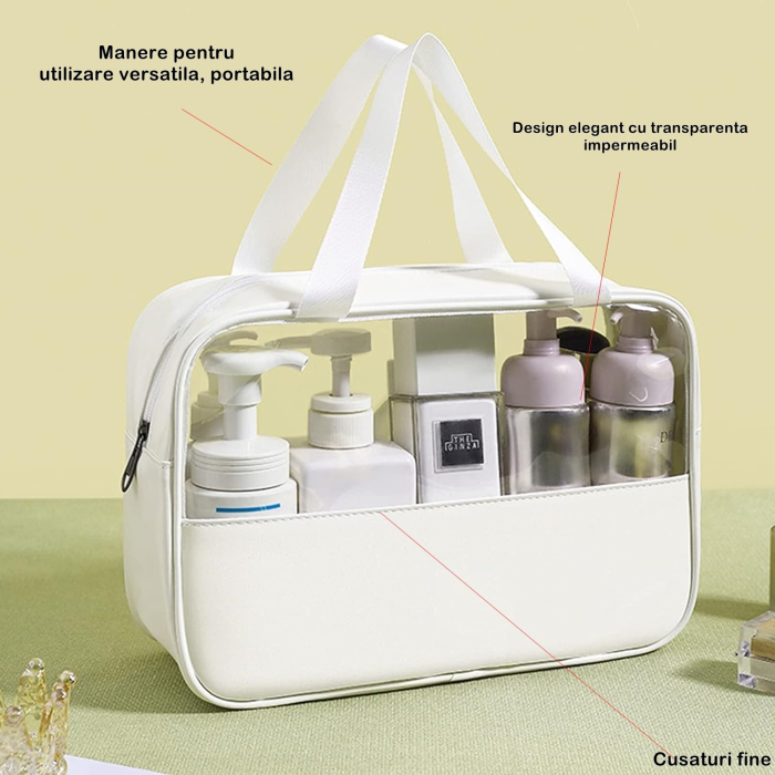 Geanta cosmetice , pentru voiaj sau organizare, material PVC/textil, impermeabila, portabila, 30x12x21 cm, alb [4]