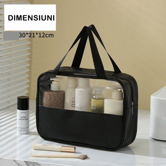 Geanta cosmetice , pentru voiaj sau organizare, material PVC/textil, impermeabila, portabila, 30X21X12 cm, negru [6]