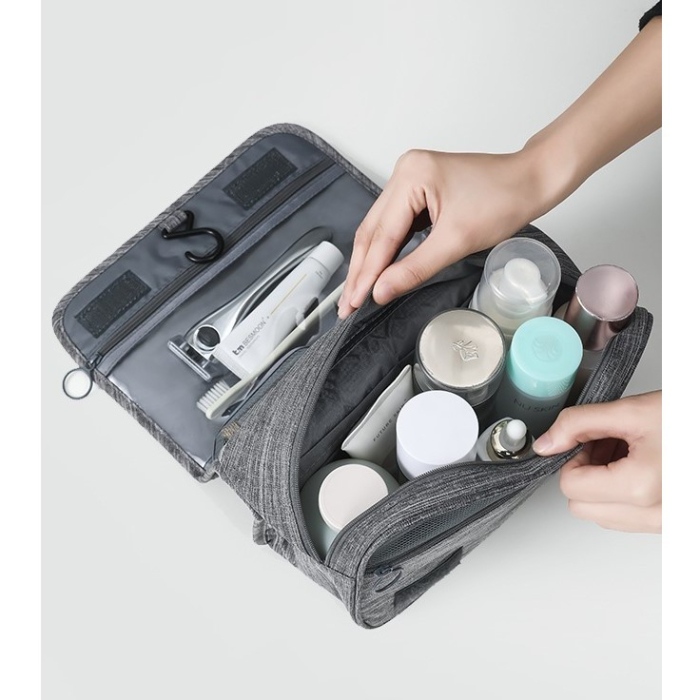 Geanta cosmetice voiaj, , material panza, impermeabil, 3 compartimente, cu agatatoare, Gri, 47 x 28 x 20  cm [2]