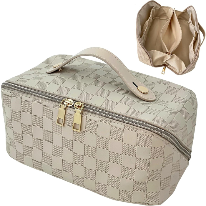 Geanta de Calatorie , Pentru Cosmetice, Portabila, Impermeabila, din Piele Ecologica, Compartimente Multiple, cu Fermoar, 22 x 13 x 12.5 cm, In Carouri, Alb [6]