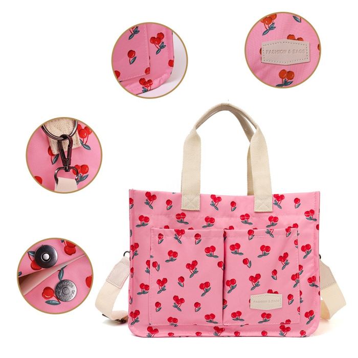 Geanta de Mana/Umar, Multifunctionala, , Inchidere cu Capsa, Imprimeu Cirese, Material Textil, 33.5 x 25 x 14.5 cm, Roz [4]