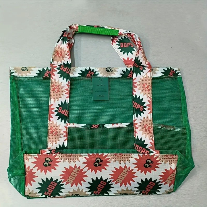 Geanta de Plaja, , din Plasa Transparenta, Imprimeu Boom, 43 x 10 x 33 cm, Model pentru Umar, Lungime Inferioara 33 cm, Verde [3]