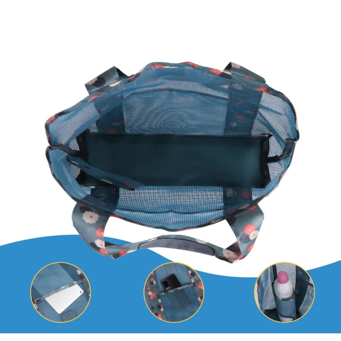 Geanta de Plaja, , din Plasa Transparenta, Imprimeu Floral, 43 x 10 x 33 cm, Model pentru Umar, Lungime Inferioara 33 cm, Albastru [2]