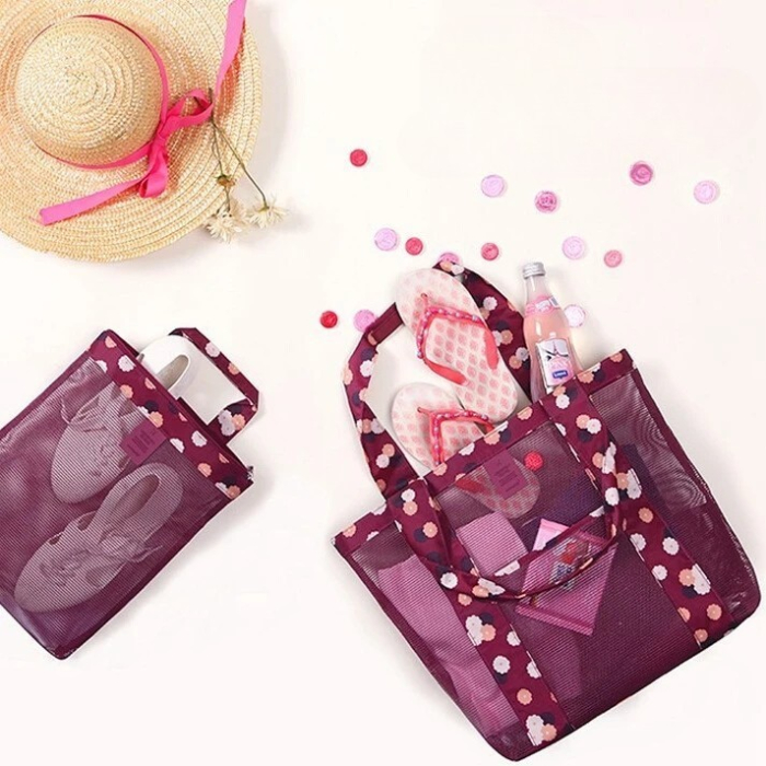 Geanta de Plaja, , din Plasa Transparenta, Imprimeu Floral, 43 x 10 x 33 cm, Model pentru Umar, Lungime Inferioara 33 cm, Burgundy [4]