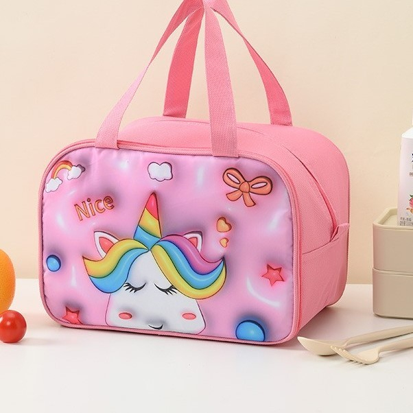 Geantă Frigorifică, , cu Desene Animat 3D, Portabilă pentru Copii, de Prânz, din Pânză Oxford, 27.5x18x20 cm, Model Unicorn, Roz [9]