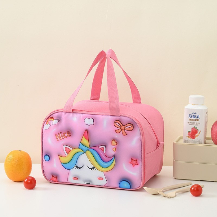Geantă Frigorifică, , cu Desene Animat 3D, Portabilă pentru Copii, de Prânz, din Pânză Oxford, 27.5x18x20 cm, Model Unicorn, Roz [3]