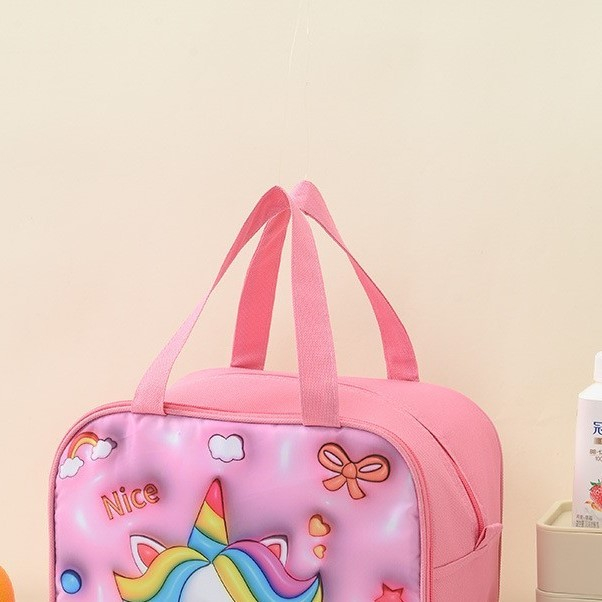 Geantă Frigorifică, , cu Desene Animat 3D, Portabilă pentru Copii, de Prânz, din Pânză Oxford, 27.5x18x20 cm, Model Unicorn, Roz [8]