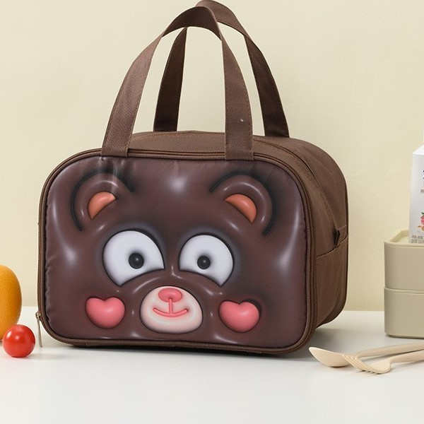 Geantă Frigorifică, , cu Desene Animat 3D, Portabilă pentru Copii, de Prânz, din Pânză Oxford, 27.5x18x20 cm, Model Ursulet, Maro [7]
