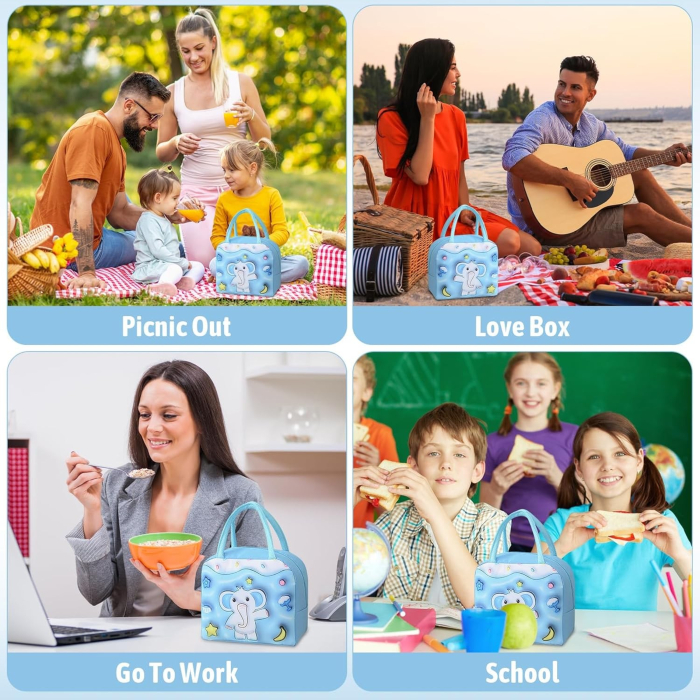 Geantă Frigorifică, , cu Desene Animate 3D, Portabilă pentru Copii, de Prânz, din Pânză Oxford, 23x13x19 cm, Model Elefantel, Albastru [5]