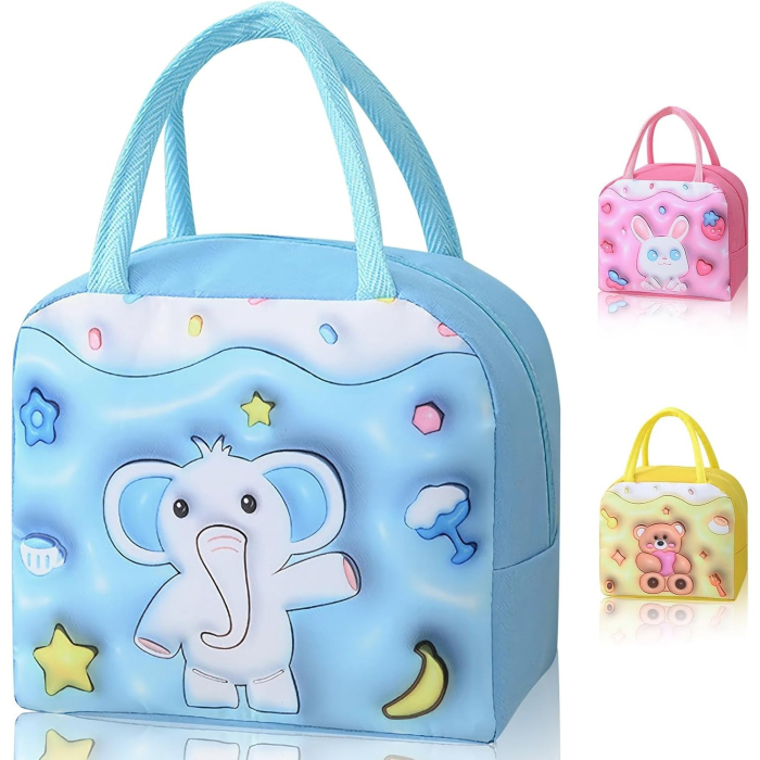 Geantă Frigorifică, , cu Desene Animate 3D, Portabilă pentru Copii, de Prânz, din Pânză Oxford, 23x13x19 cm, Model Elefantel, Albastru [10]