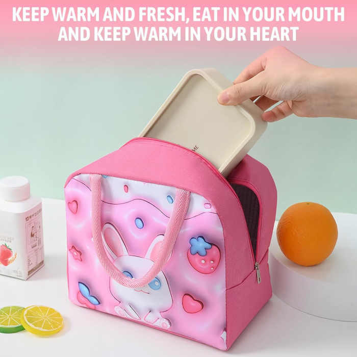 Geantă Frigorifică, , cu Desene Animate 3D, Portabilă pentru Copii, de Prânz, din Pânză Oxford, 23x13x19 cm, Model Iepuras, Roz [3]