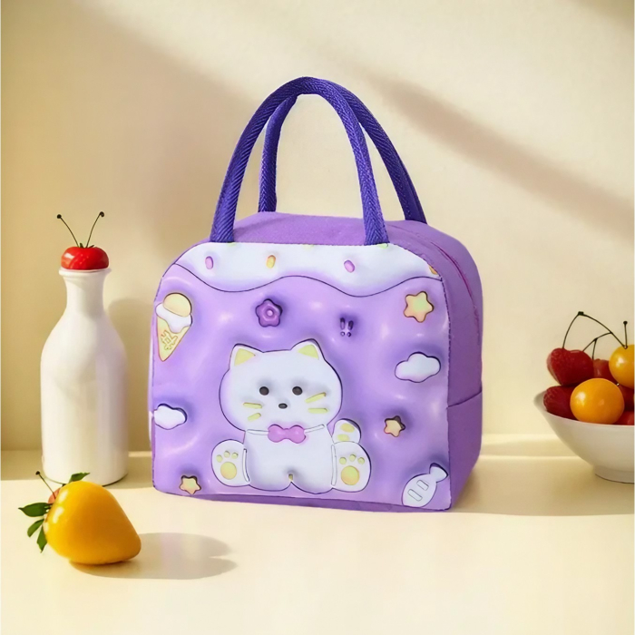 Geantă Frigorifică, , cu Desene Animate 3D, Portabilă pentru Copii, de Prânz, din Pânză Oxford, 23x13x19 cm, Model Pisicuta, Mov [3]