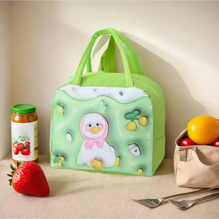 Geantă Frigorifică, , cu Desene Animate 3D, Portabilă pentru Copii, de Prânz, din Pânză Oxford, 23x13x19 cm, Model Ratusca, Verde [3]