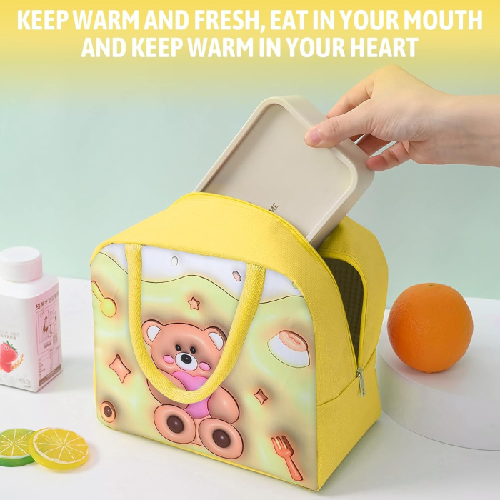 Geantă Frigorifică, , cu Desene Animate 3D, Portabilă pentru Copii, de Prânz, din Pânză Oxford, 23x13x19 cm, Model Ursulet, Galben [3]
