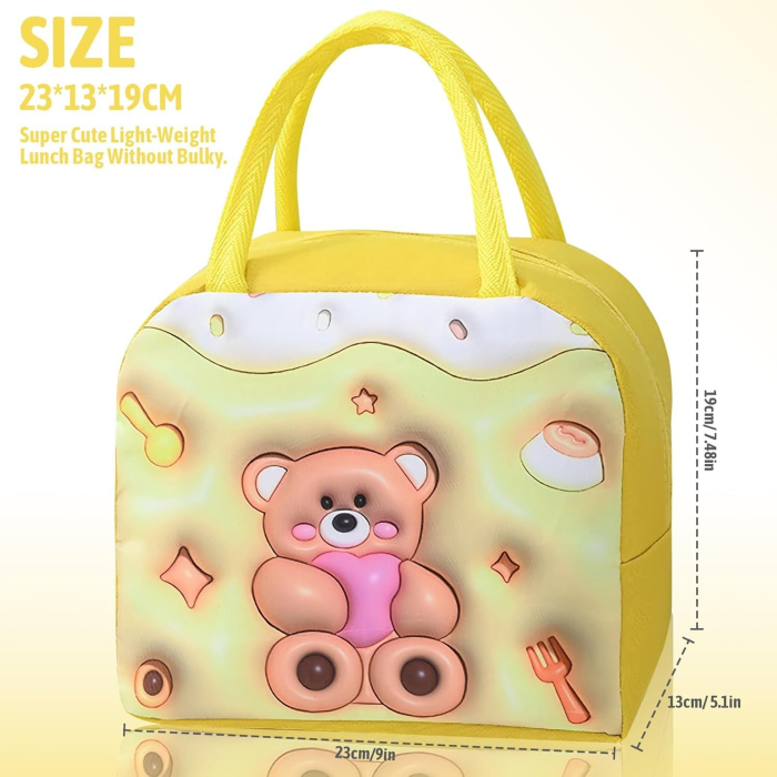 Geantă Frigorifică, , cu Desene Animate 3D, Portabilă pentru Copii, de Prânz, din Pânză Oxford, 23x13x19 cm, Model Ursulet, Galben [7]