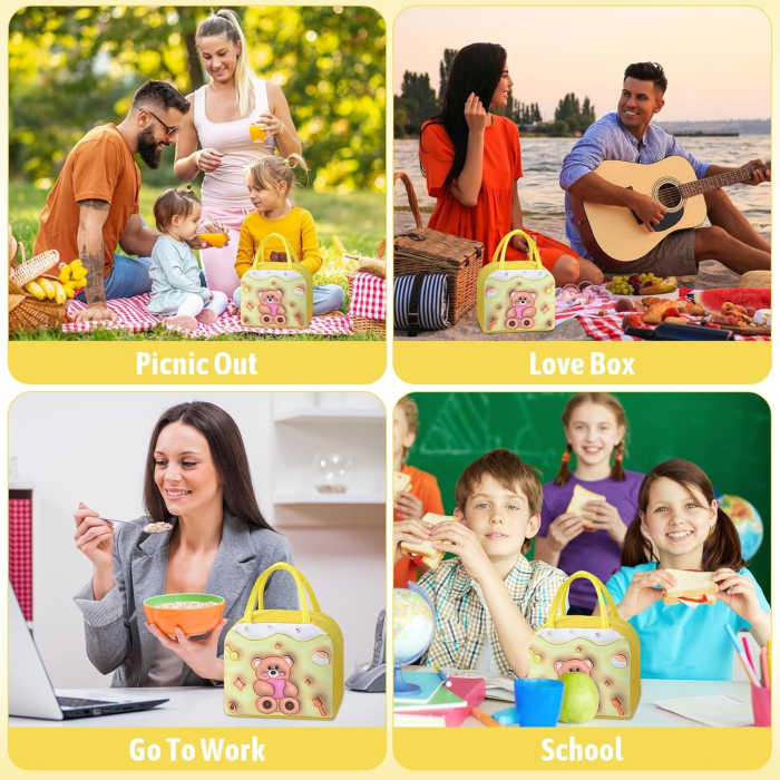 Geantă Frigorifică, , cu Desene Animate 3D, Portabilă pentru Copii, de Prânz, din Pânză Oxford, 23x13x19 cm, Model Ursulet, Galben [4]