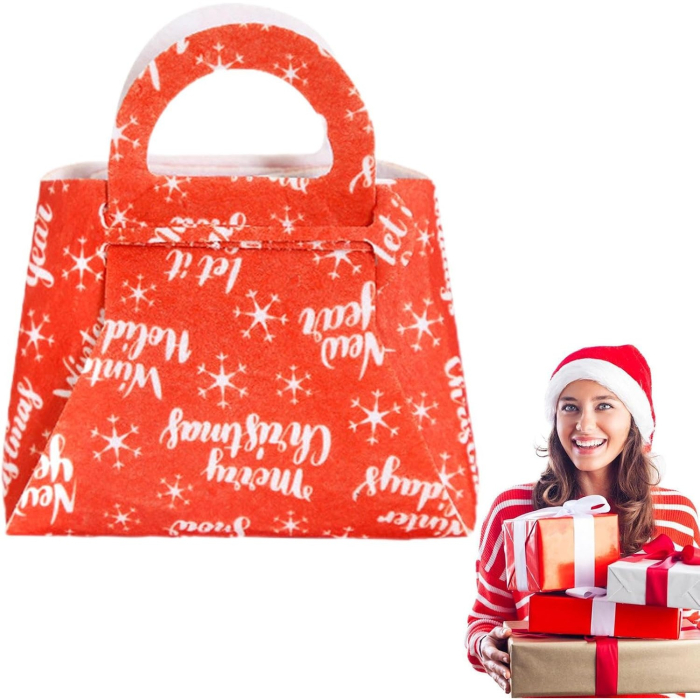 Geanta pentru Copii, , Pliabila, pentru Cadouri de Craciun, din Panza Netesuta, Merry Christmas, 13 x 12 x 6 cm, Rosu [3]