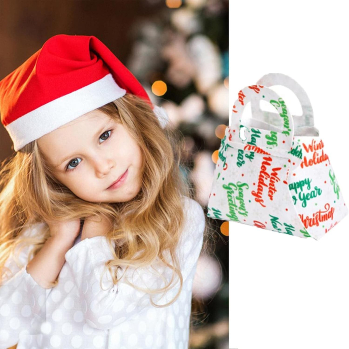 Geanta pentru Copii, , Pliabila, pentru Cadouri de Craciun, din Panza Netesuta, Mesaje de Craciun, 13 x 12 x 6 cm, Alb [8]