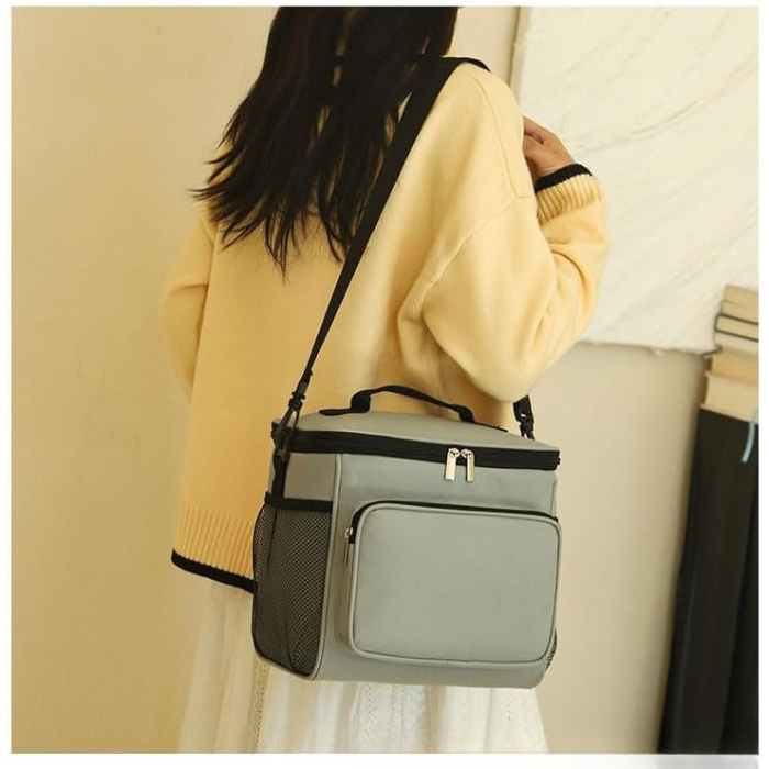 Geanta pentru Pranz, , Multifunctionala, Compartimentata, 2 Tipuri de Manere, Impermeabila, 26x24x17 cm, Gri [3]