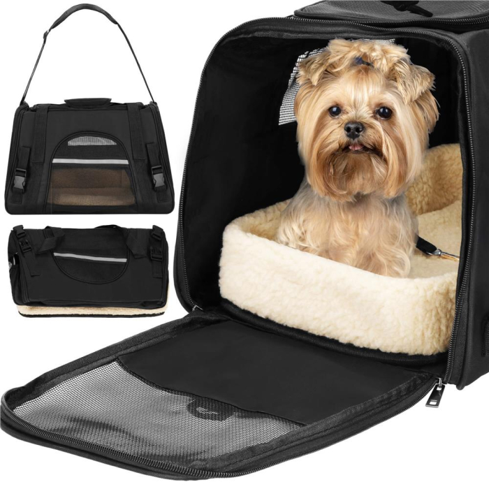 Geanta pentru transport animale mici-medii, pentru caine si pisica, cu saltea, 27x44x25 cm, negru [2]