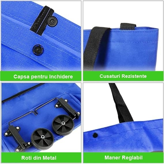 Geanta Pliabila, , 2 in 1, Carucior cu Roti, pentru Cumparaturi, 19 l, Albastru, Plastic, 39 x 46 x 12 cm [4]