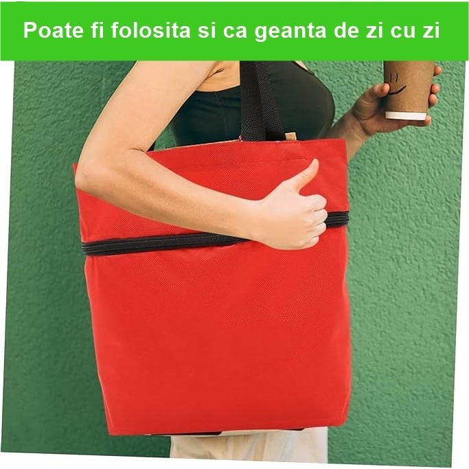 Geanta Pliabila, , 2 in 1, Carucior cu Roti, pentru Cumparaturi, 19 l, Rosu, Plastic, 39 x 46 x 12 cm [6]