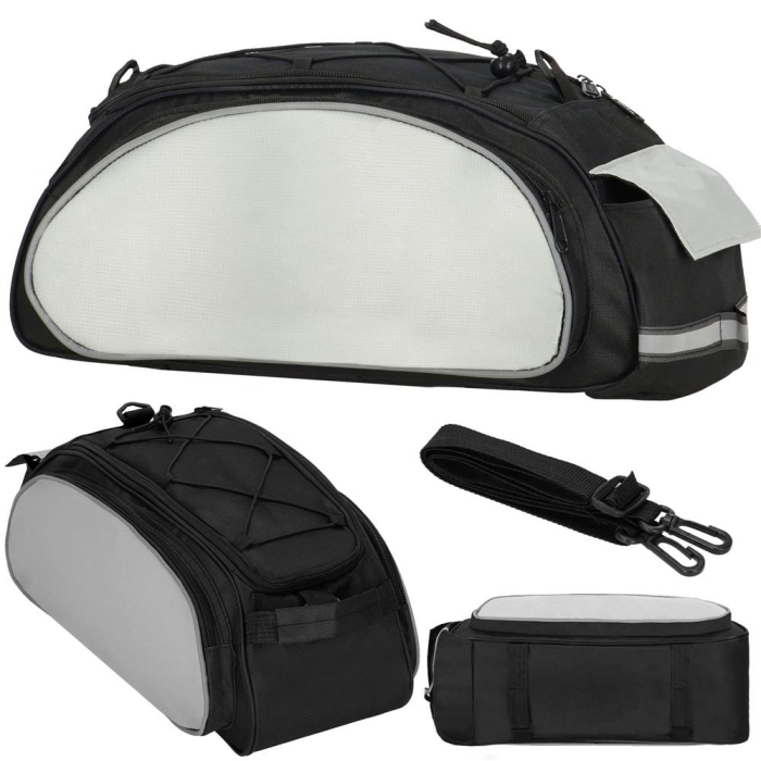 Geanta portbagaj bicicleta, 1 compartiment si 3 buzunare laterale, 40x20x17cm, negru cu elemente reflectorizante gri [15]