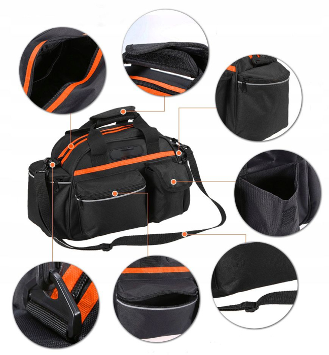Geanta portbagaj bicicleta, 3 compartimente si 5 buzunare laterale, 45x20x22cm, negru cu elemente reflectorizante portocalii [10]