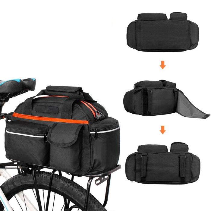 Geanta portbagaj bicicleta, 3 compartimente si 5 buzunare laterale, 45x20x22cm, negru cu elemente reflectorizante portocalii [7]