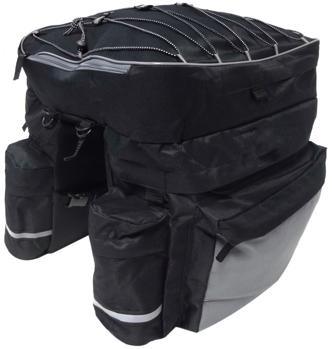 Geanta portbagaj bicicleta dubla, 8 buzunare laterale, 39x34x43cm, negru cu elemente reflectorizante gri, protectie impermeabila [10]