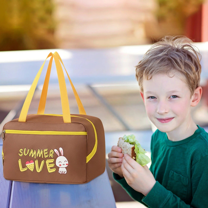 Geanta Termo-Izolanta, , Compartimente Telefon si Tacamuri, Multifunctionala, Impermeabila, 30x21x20 cm, Design Iepuras, Maro [4]