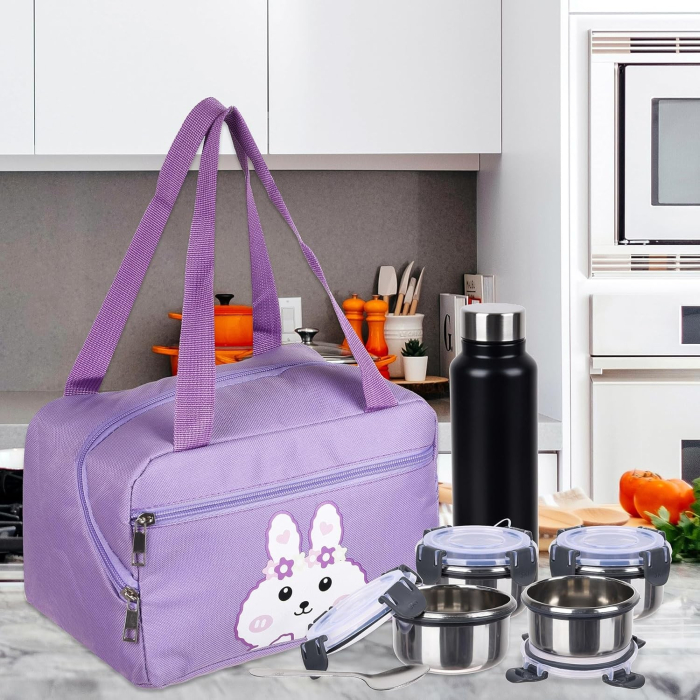 Geanta Termo-Izolanta, , Compartimente Telefon si Tacamuri, Multifunctionala, Impermeabila, 30x21x20 cm, Design Iepuras, Mov [2]