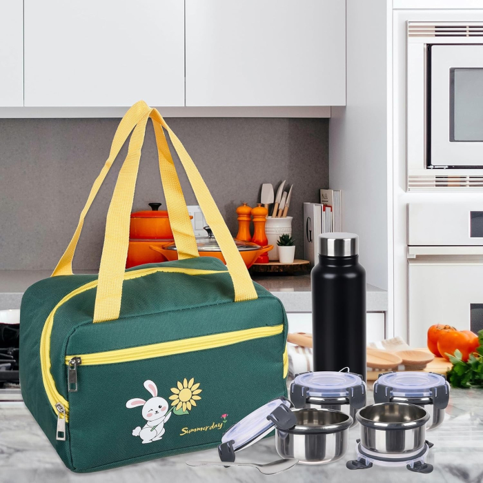 Geanta Termo-Izolanta, , Compartimente Telefon si Tacamuri, Multifunctionala, Impermeabila, 30x21x20 cm, Design Iepuras, Verde [3]