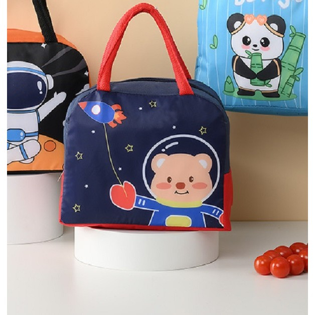 Geanta Termoizolanta pentru Copii, , 23x13x19 cm, Model Imprimeu Ursulet Astronaut, din Folie de Aluminiu si Panza Oxford, Albastru/Rosu [4]