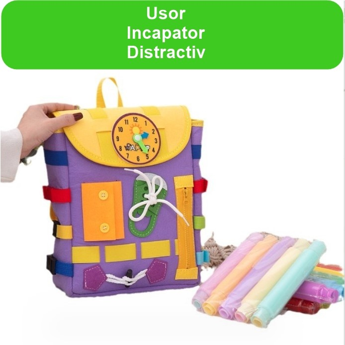 Ghiozdan Montessori, , pentru Copii 2-6 ani, Fidget Pop, cu Catarame si Fermoare, Jucarii Senzoriale, Activitate de Invatare prin Joc, Mov, 0.25 kg, 28x10x23 cm [2]