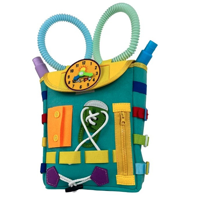 Ghiozdan Montessori, , pentru Copii 2-6 ani, Fidget Pop, cu Catarame si Fermoare, Jucarii Senzoriale, Activitate de Invatare prin Joc, Turcoaz, 0.25 kg, 28x10x23 cm [5]