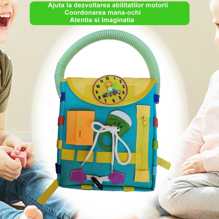 Ghiozdan Montessori, , pentru Copii 2-6 ani, Fidget Pop, cu Catarame si Fermoare, Jucarii Senzoriale, Activitate de Invatare prin Joc, Turcoaz, 0.25 kg, 28x10x23 cm [2]