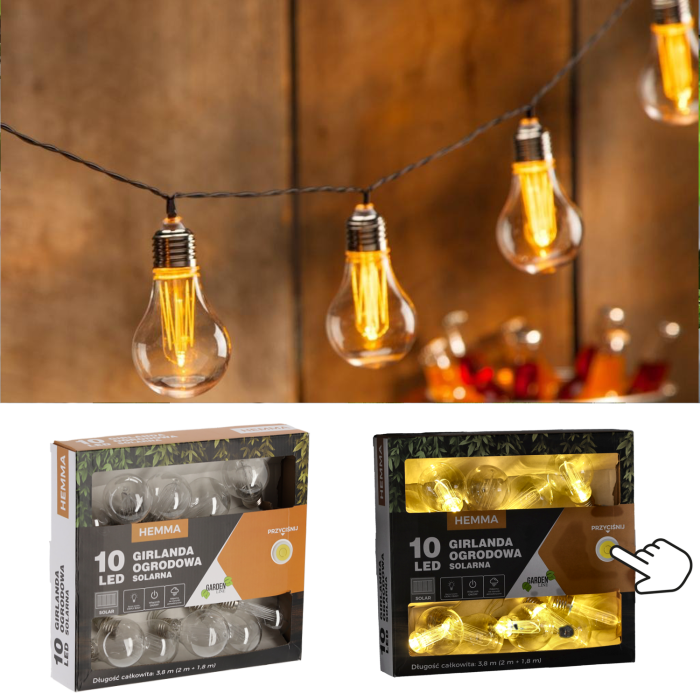 Ghirlanda luminoasa, LED, model Hemma, 10 becuri, 380cm, incarcare solara, lumina alb cald [5]